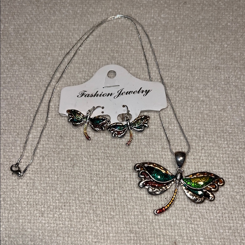 Green, Gold, and Silver Dragonfly Necklace and Earrings